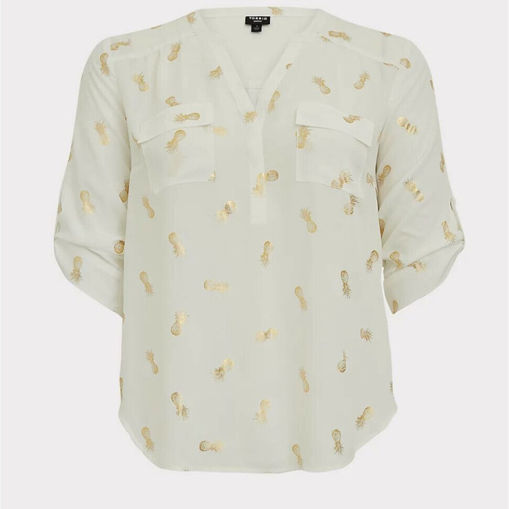 New Torrid Harper White/Gold Pineapple Georgette Pullover Blouse - Picture 5 of 6
